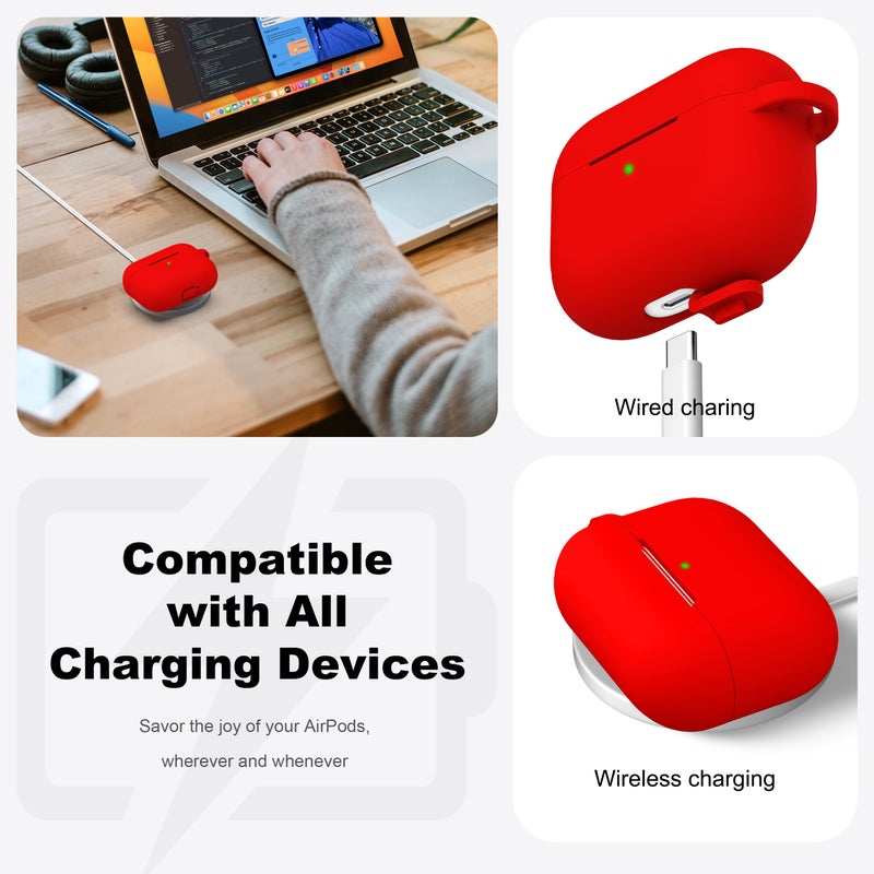 R-fun for iPods Pro 2nd/1st Generation Case with Cleaner Kit,Soft Silicone Protective Case Cover for Apple AirPods Pro 2/1 for Women Men,AirPods Pro Accessories with Keychain,Red - Image 3